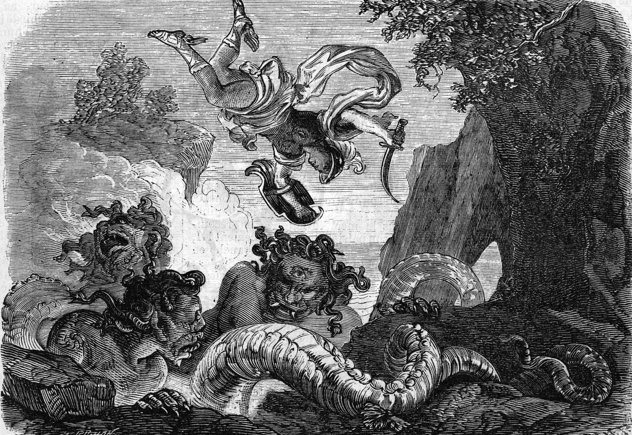 Perseus vecht tegen de Gorgon door . .
