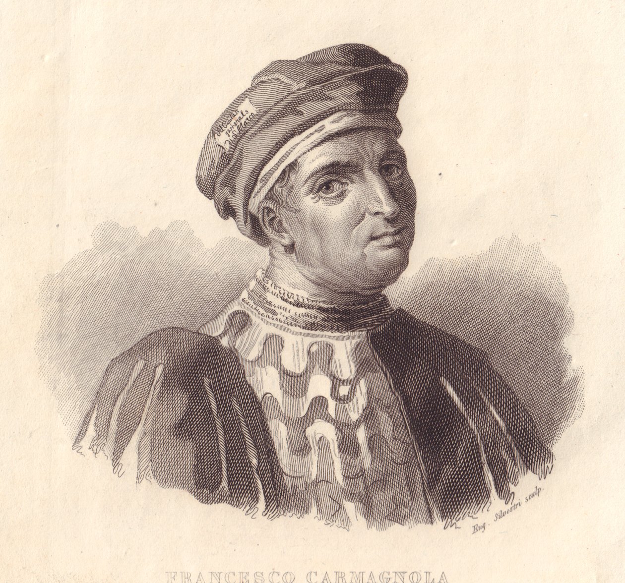 Portret van de Italiaanse militaire leider Francesco da Bussone, ook bekend als Carmagnola, kopergravure door E Silvestri naar schilderij door William Walcutt