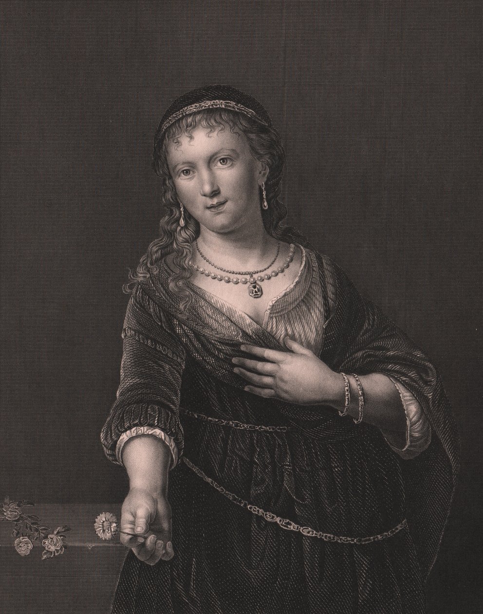 Portret van Saskia van Uylenburgh, vrouw van Rembrandt, gravure door Daniel John Pound naar schilderij van Rembrandt, uit Payne