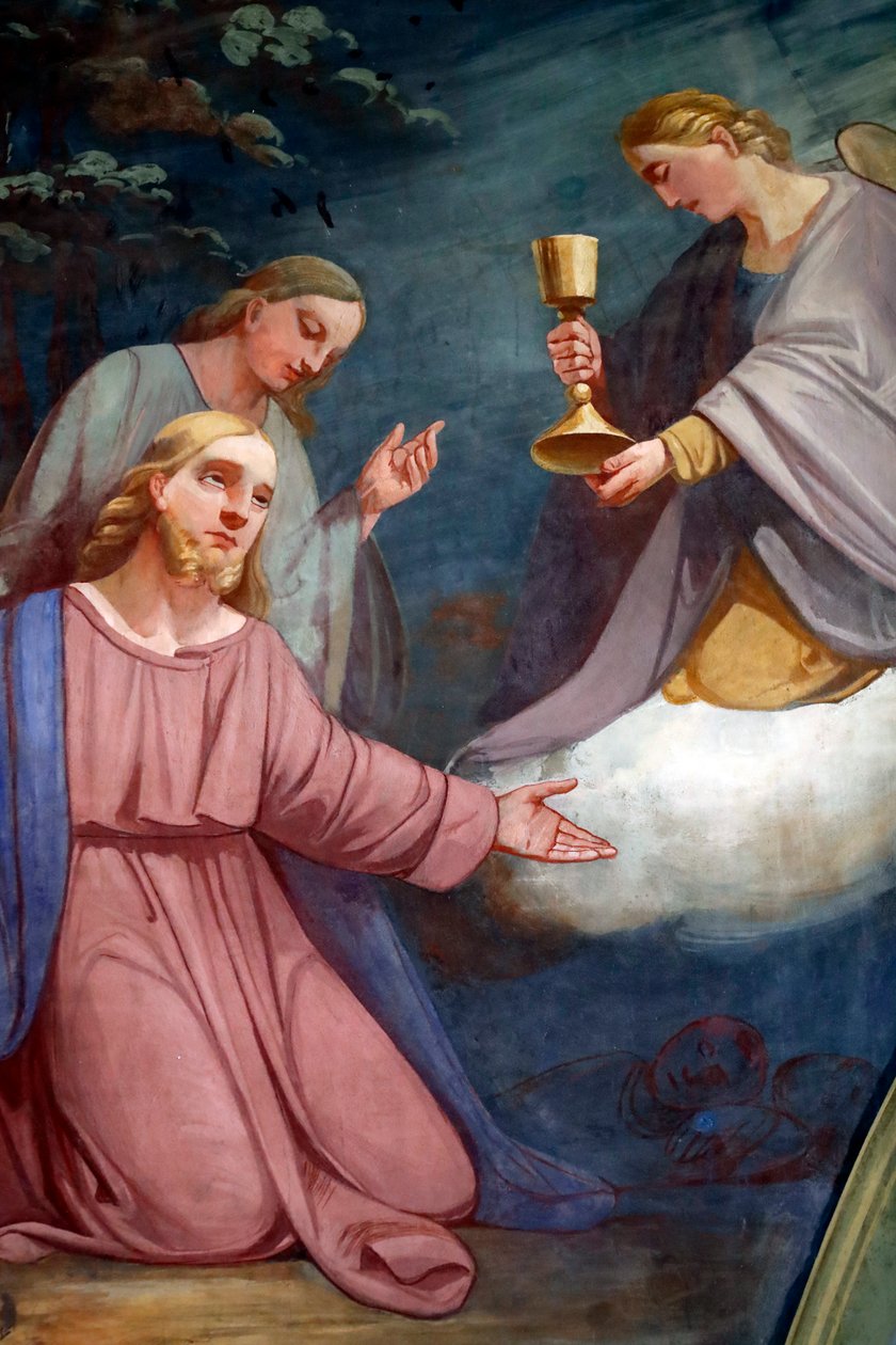 Rumilly kerk. Muurschildering. Jezus die bidt in de tuin van Getsemane na het Laatste Avondmaal. Frankrijk. door . .