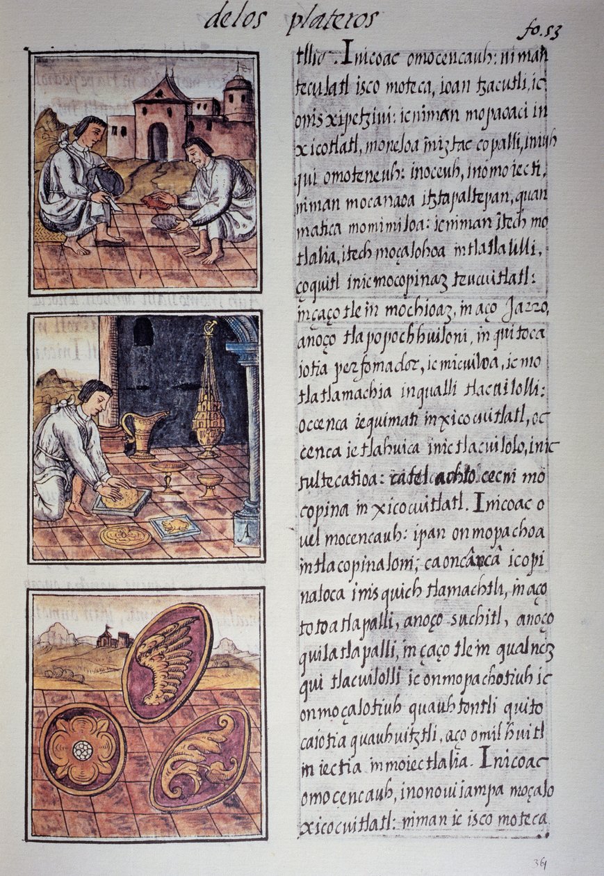 Servies- en schildproductie, pagina uit de Florentijnse Codex, tweetalige versie in Spaans en Nahuatl door Georg Carl Heinrich Dollmann