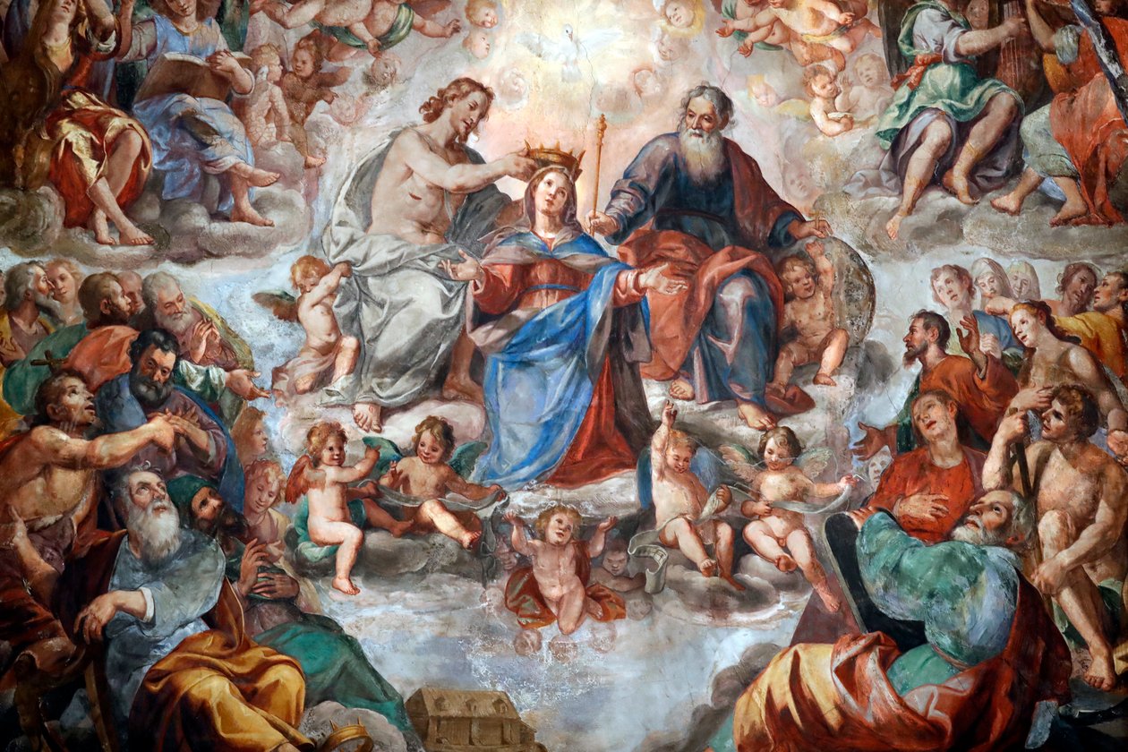 De kroning van de Maagd. Fresco. San Donato kerk. Genua. Italië. door . .