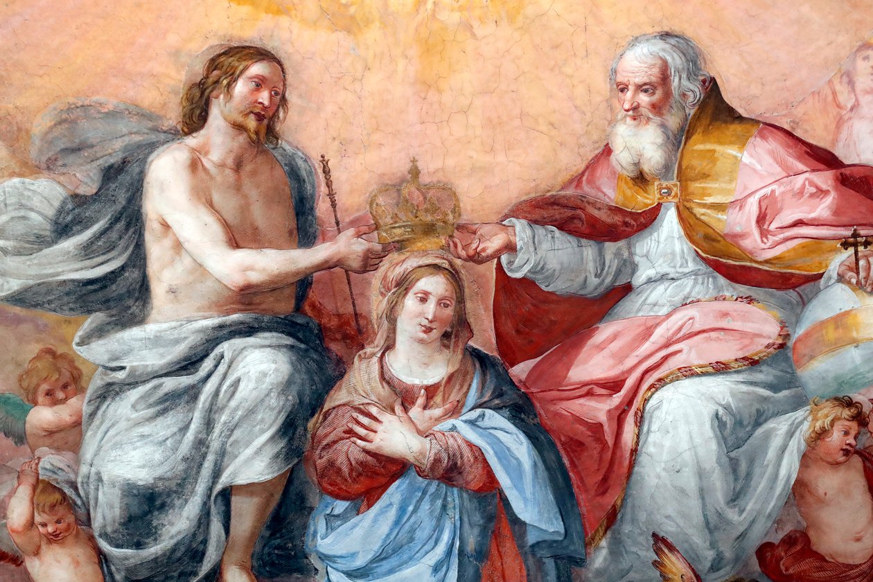 De kroning van de Maagd. Fresco. De Basilica della Santissima Annunziata del Vastato. Genua. Italië. door . .