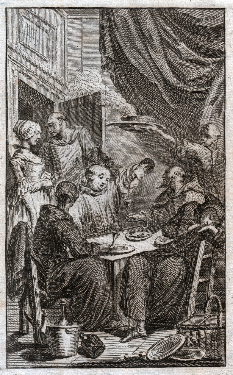 Het feest van monniken die kloosterregels overtreden. Ze drinken wijn, flirten met de dienstmeisjes. 18e eeuw (gravure) door . .