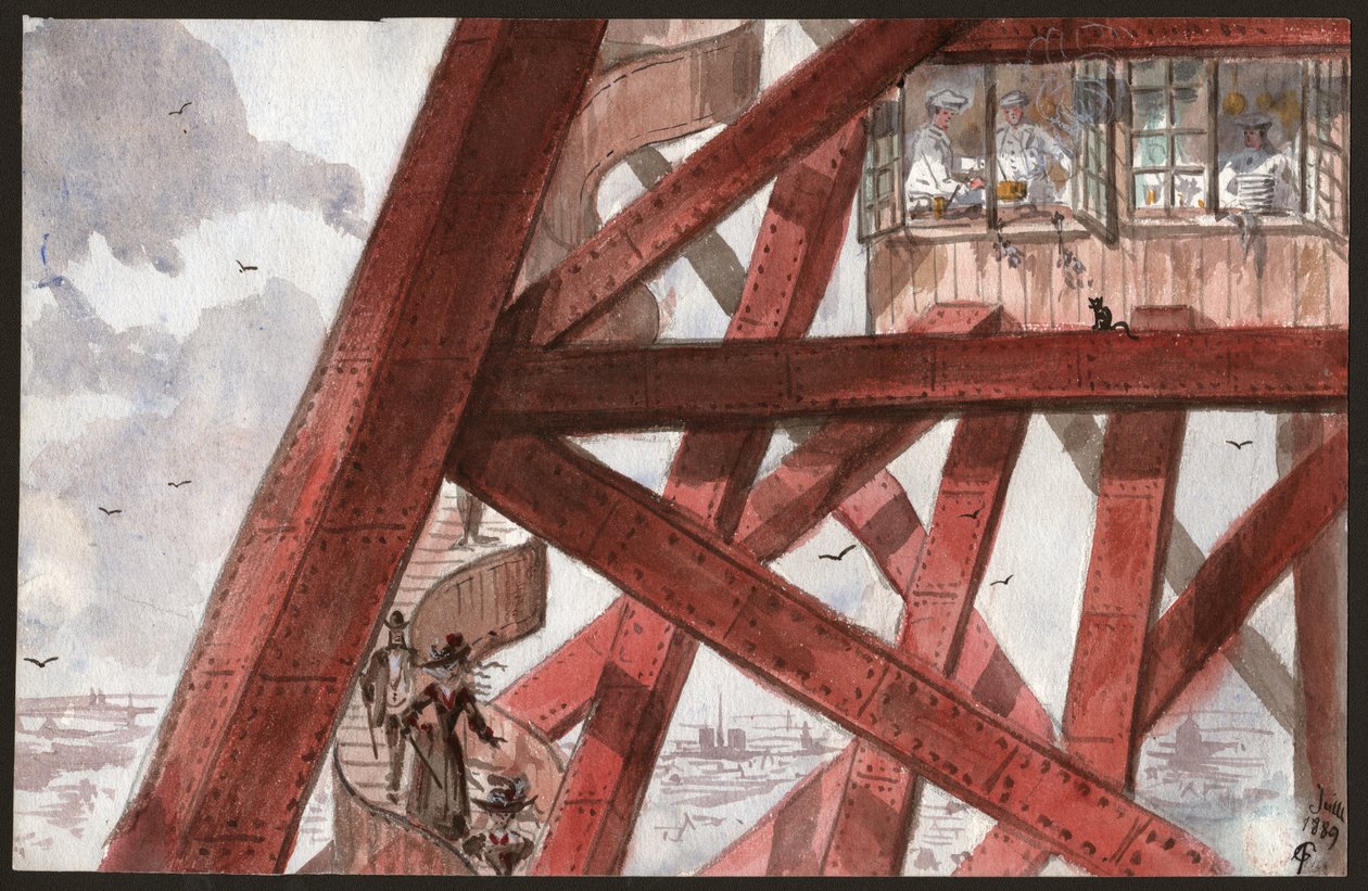 Toeristen op de trappen van de Eiffeltoren, Parijs. Koks koken in het restaurant op de eerste verdieping. 1889 (illustratie) door . .