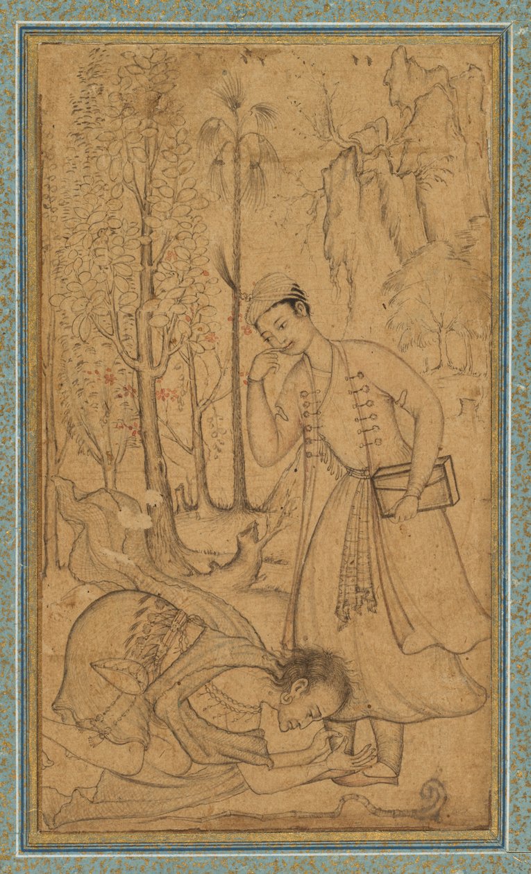 Een heilige man die zich voor een geleerde prins neerbuigt, c. 1585, rand waarschijnlijk toegevoegd in de 1700s door   Manohar