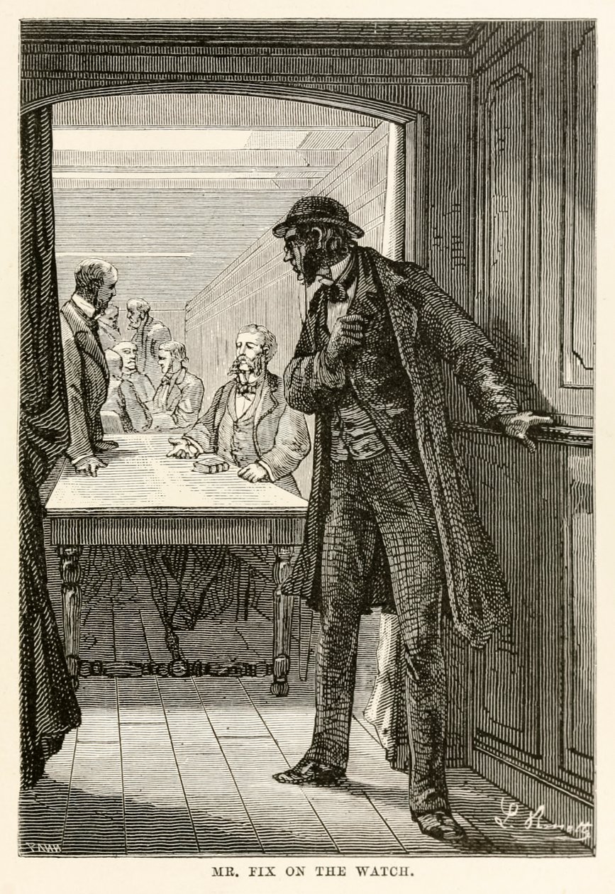 Mr. Fix op wacht, uit De Reis om de Wereld in Tachtig Dagen door Jules Verne (1828-1905), gegraveerd door Louis Dumont (b.1822), 1873 door after Alphonse Marie de Neuville