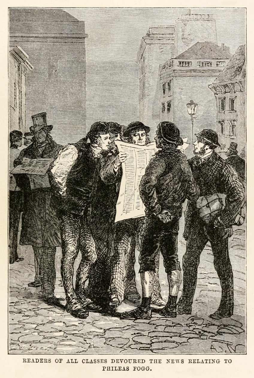 Lezers van alle klassen verslonden het nieuws over Phileas Fogg, uit De Reis om de Wereld in Tachtig Dagen door Jules Verne (1828-1905), gegraveerd door Louis Dumont (b.1822) 1873 door after Alphonse Marie de Neuville