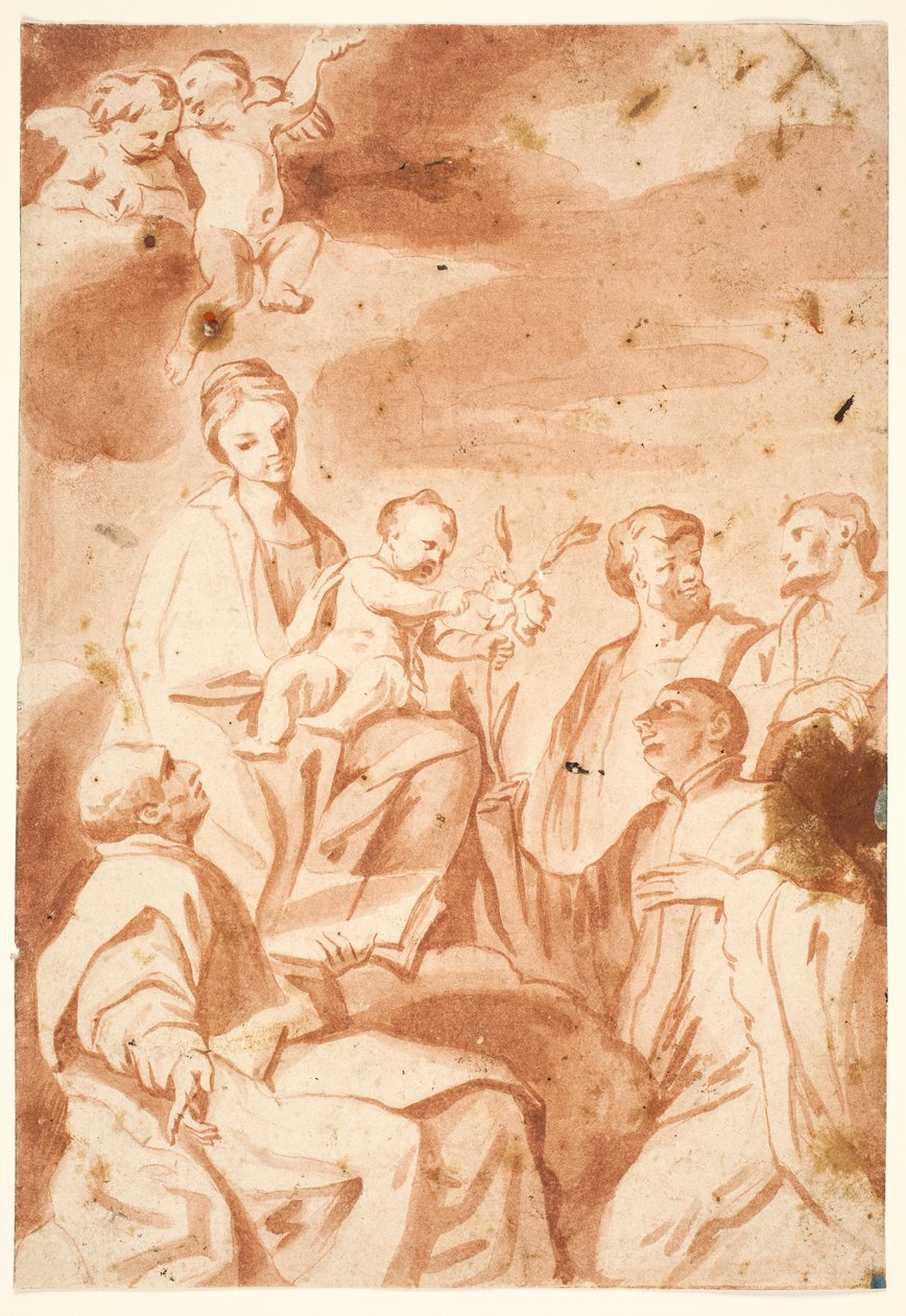 De Madonna en Kind op de troon met de heiligen Ignatius van Loyola, Franciscus Xaverius, Cosmas en Damianus door after Andrea Sacchi