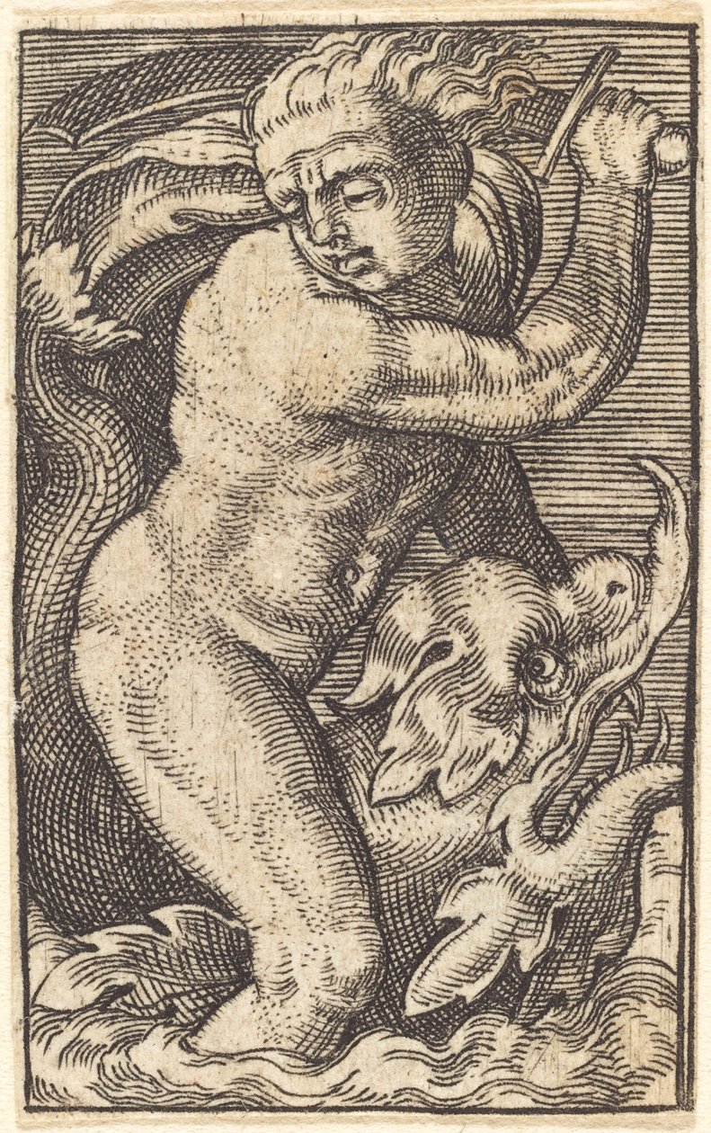 Kopie in Spiegelbeeld van "Zee-God naar Links Rijdend op een Dolfijn" door after Barthel Beham