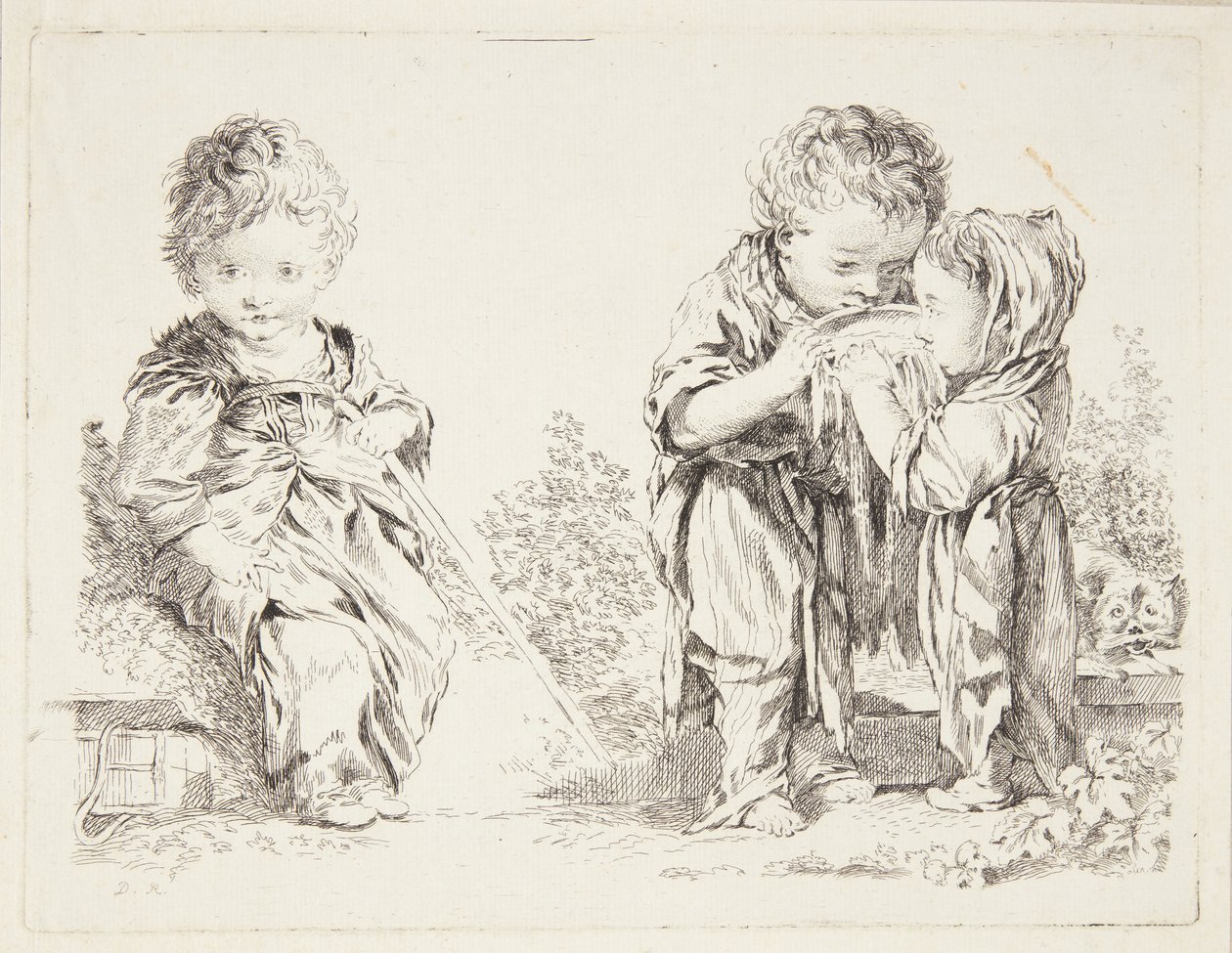 Kind zittend op een kluit aarde en De kleine melkdrinkers door after Francois Boucher