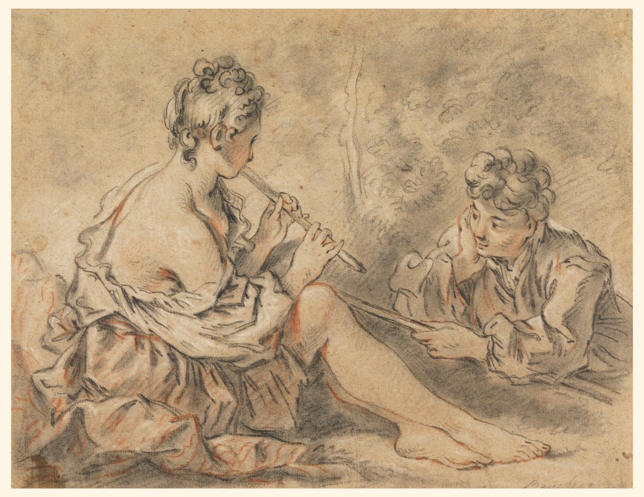 Herderin Speelt voor een Herder door after Francois Boucher