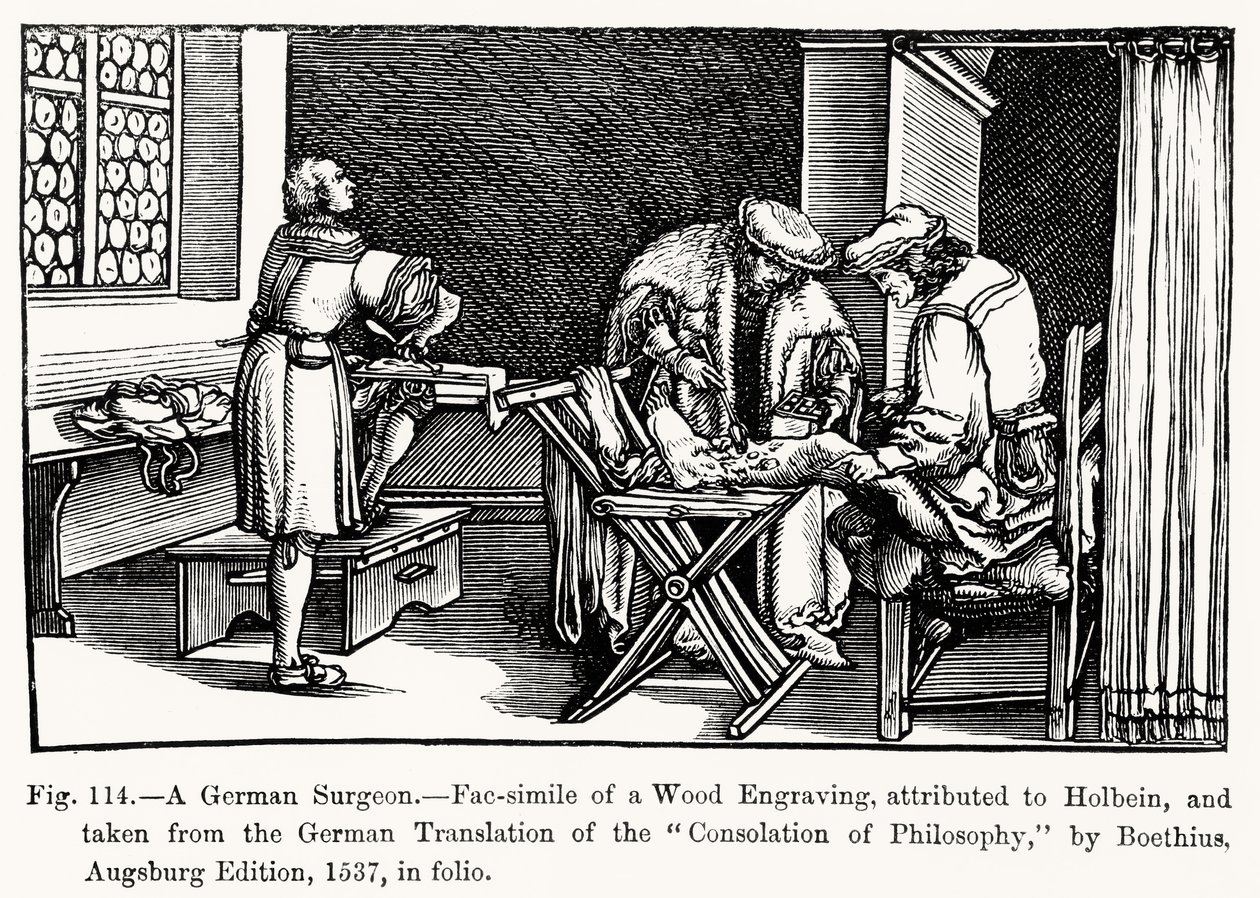 Een Duitse chirurg, uit Troost van Filosofie door Boethius, illustratie uit Wetenschap en Literatuur in de Middeleeuwen en Renaissance, geschreven en gegraveerd door Paul Lacroix, 1878 door after German School