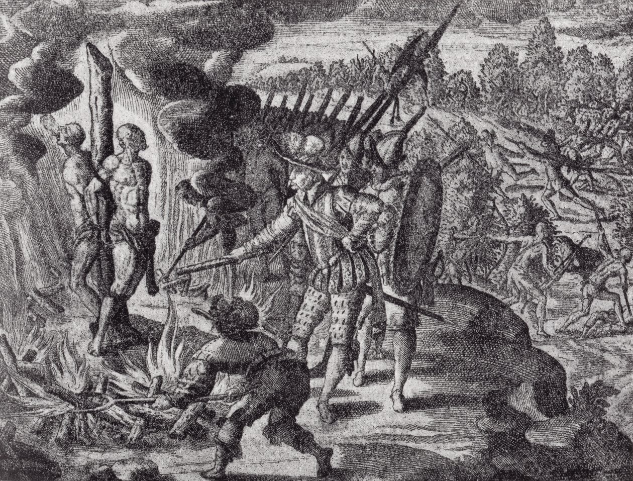 De wraak van de Spanjaarden voor de dood van Ayolas, uit Gottfrieds Historia Antipodum, gepubliceerd in 1655, uit The Romance of the River Plate, Vol. I, door W. H. Koebel, 1914 door after German School