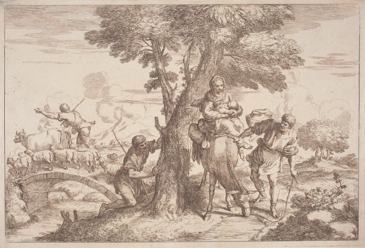 De vlucht naar Egypte met een herder die vanachter een boom toekijkt door after Giovanni Benedetto Castiglione Gaetano Zompini