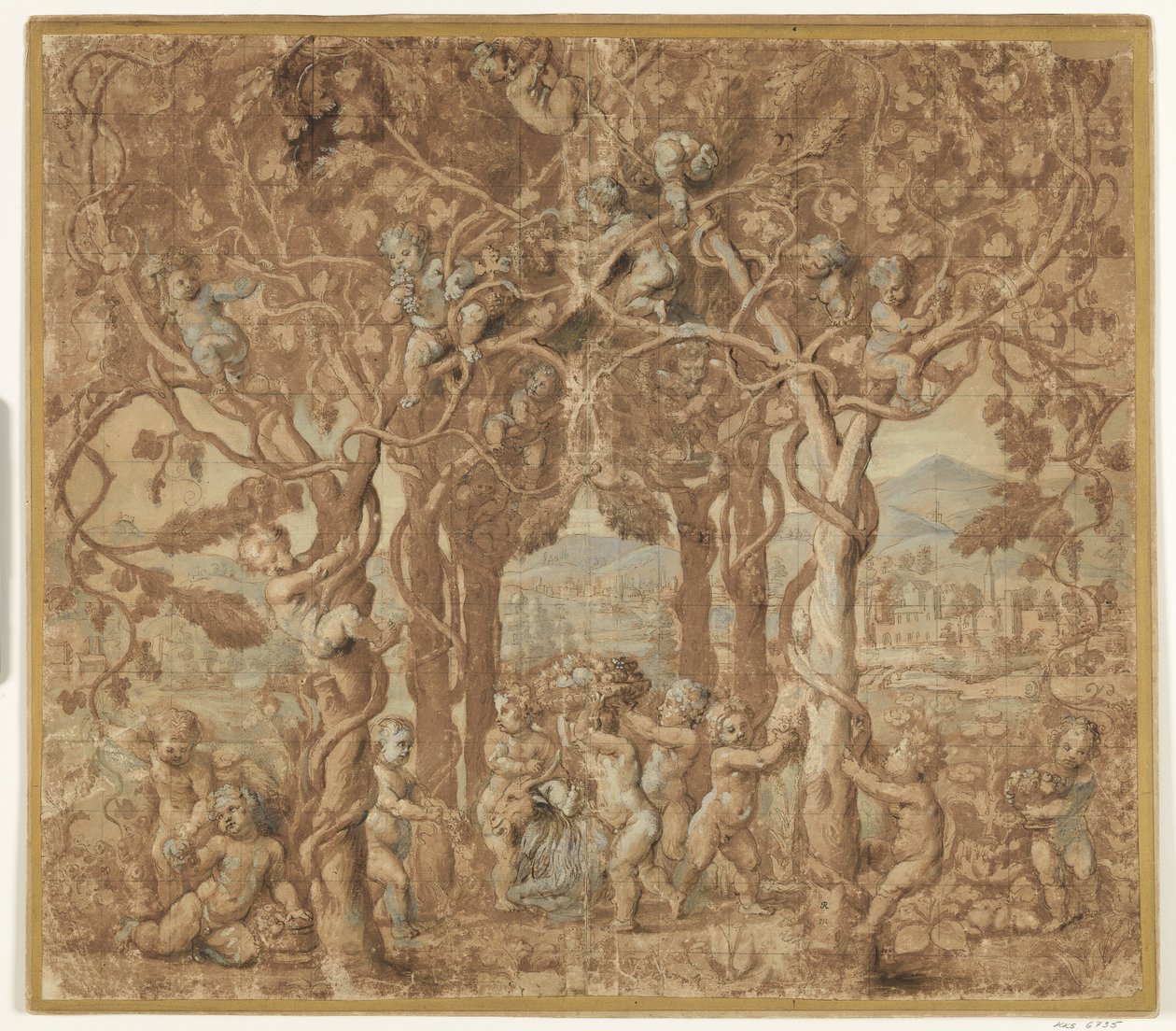 Putti die wijn oogsten en spelen met een bokje door after Giulio Romano