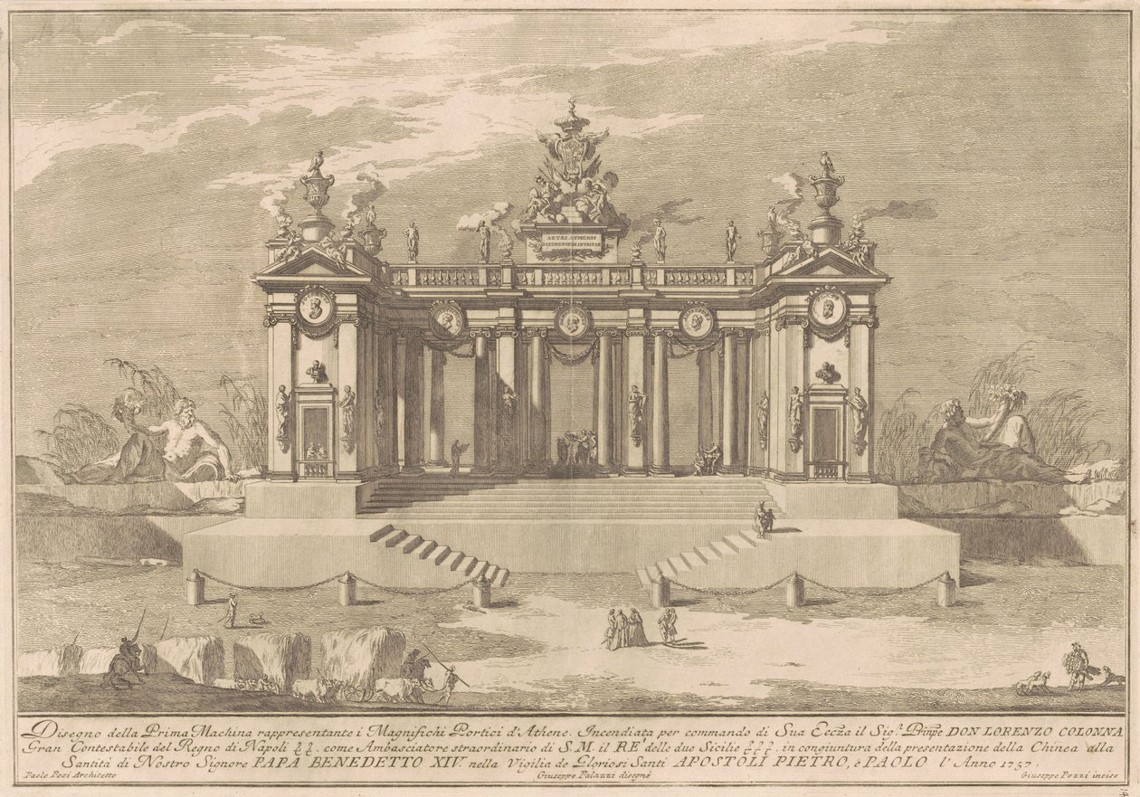 De Prima Macchina voor de Chinea van 1757: De zuilengang van het Atheense Lyceum door after Giuseppe Palazzi Giuseppe Pozzi after Paolo Posi