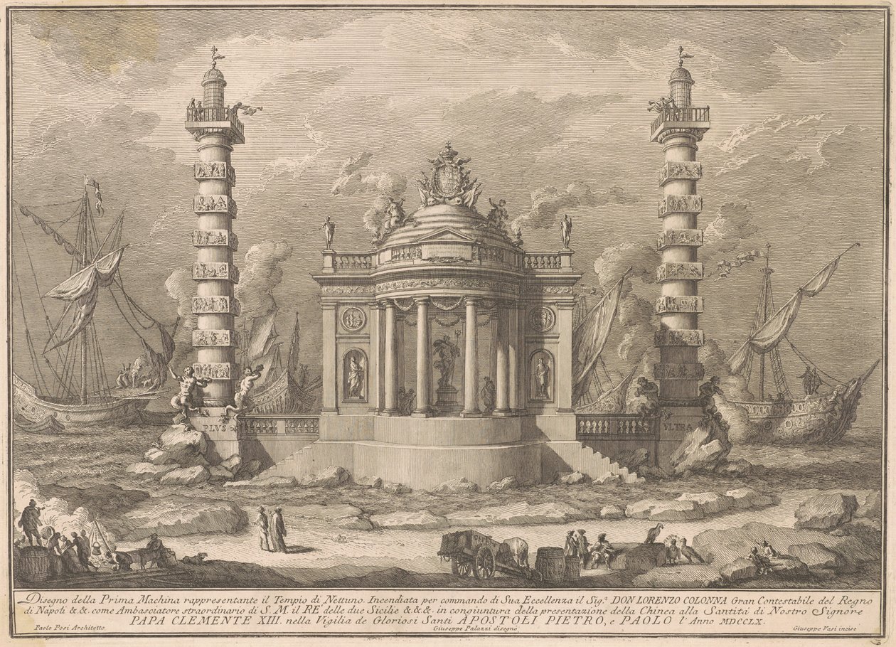 De Prima Macchina voor de Chinea van 1760: De Tempel van Neptunus door after Giuseppe Palazzi Giuseppe Vasi after Paolo Posi