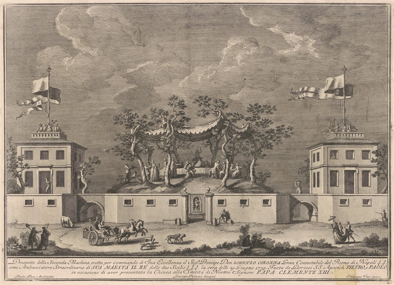De Tweede Machine voor de Chinea van 1759: Een "Deliziosa" met een Bacchanaal door after Giuseppe Palazzi Giuseppe Vasi after Paolo Posi