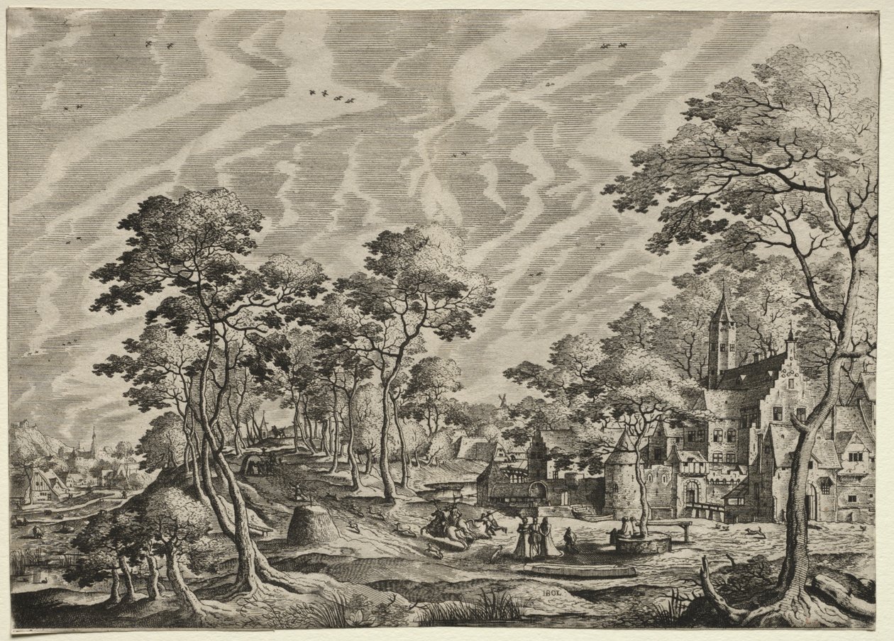 Landschap met een kasteel aan de rechterkant door after Hans Bol