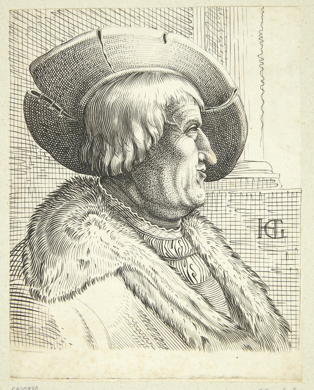 Fantasieportret van oude man met hoed in profiel door after Hendrick Goltzius