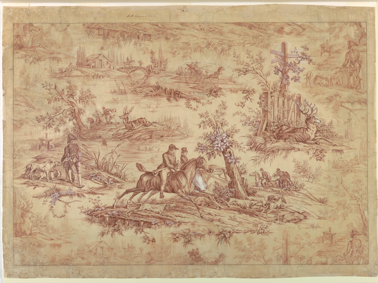 Cartoon voor Katoen Gedrukt Textiel, La Route de Jouy door after Horace Vernet
