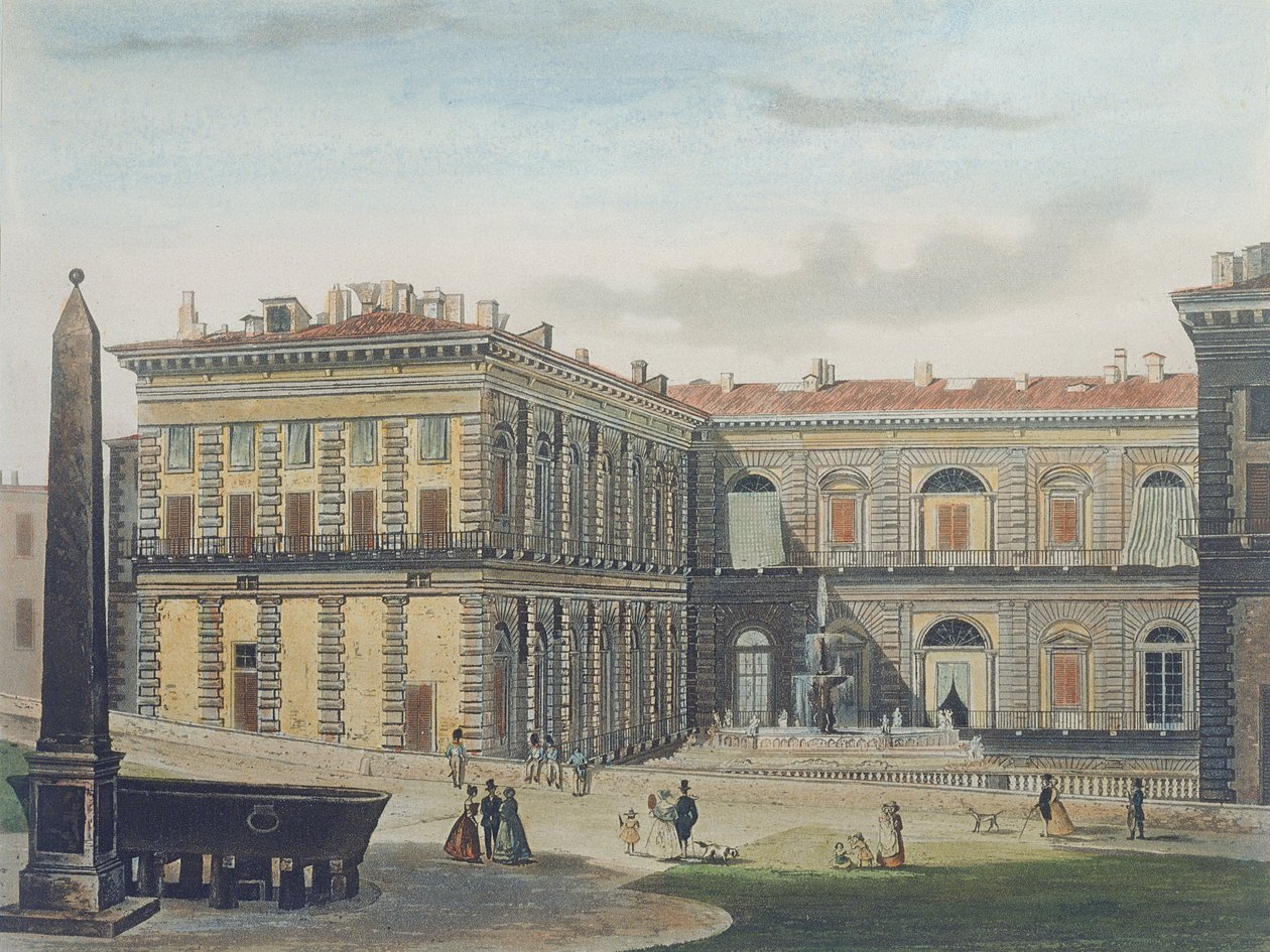 Interne Binnenplaats van Palazzo Pitti, Florence, gegraveerd door Johann Falkeisen en ingekleurd door L. Cherbuin door after Italian School