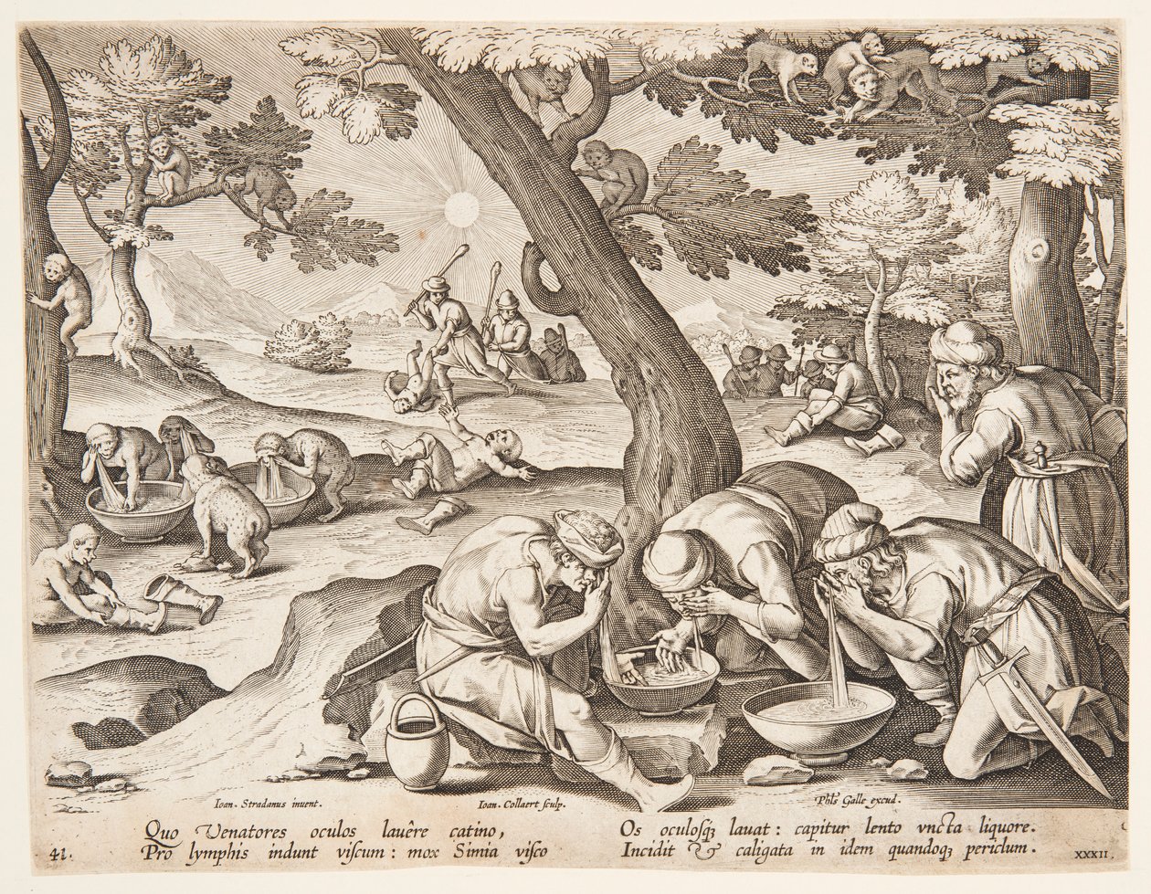 Apen die jagers imiteren door after Jan van der Straet, called Stradanus