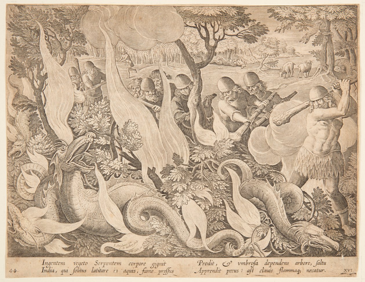 Vechtende slangen met vuur door after Jan van der Straet, called Stradanus