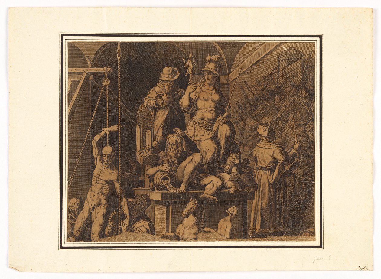 De Beoefenaars van de Beeldende Kunsten (bovenste helft van gescheurd blad) door after Jan van der Straet, called Stradanus