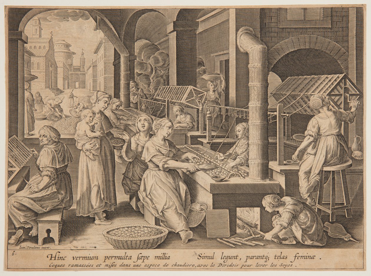 Het afwikkelen van de zijdecocons door after Jan van der Straet, called Stradanus