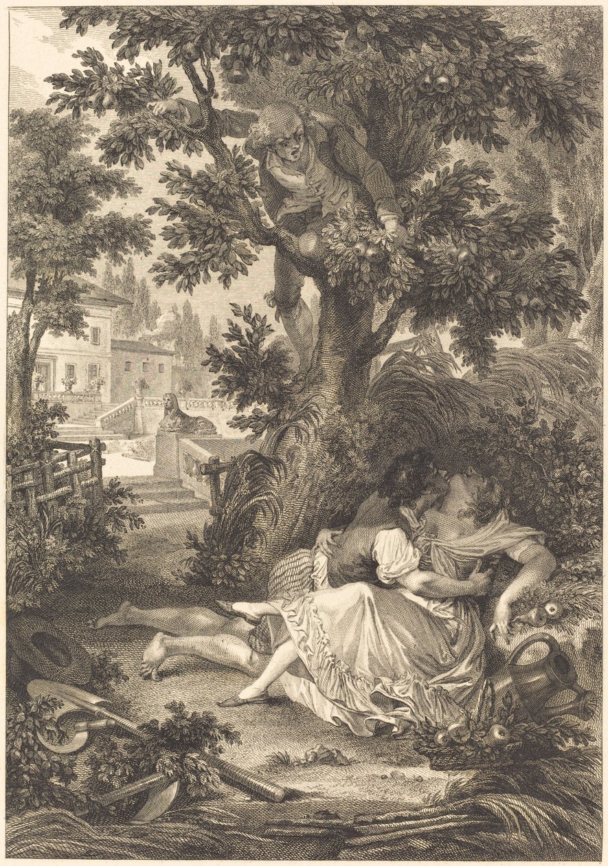 De weddenschap van de drie buurvrouwen: De perenboom door after Jean Baptiste Mallet