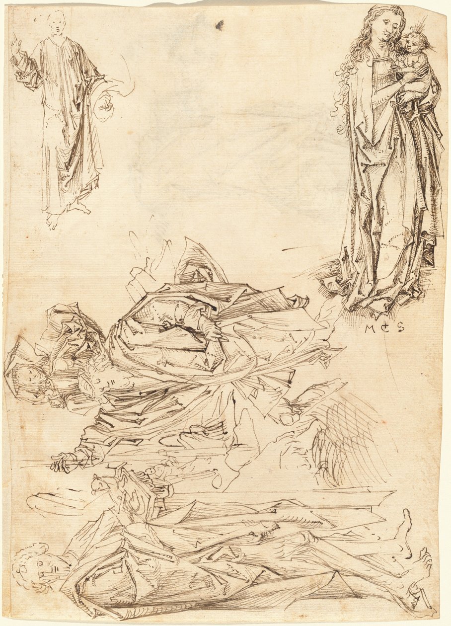 Sint Christoffel, Sint Johannes de Doper, de Maagd en Kind, en Christus Zegent (recto) door after Martin Schongauer Master of the Drapery Studies
