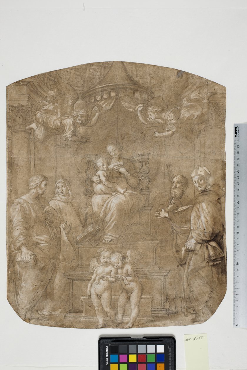Madonna en Kind met St. Petrus, Bernard (of Bruno), Jacobus, Augustinus en vier engelen, Madonna del Baldacchino door after Raphael