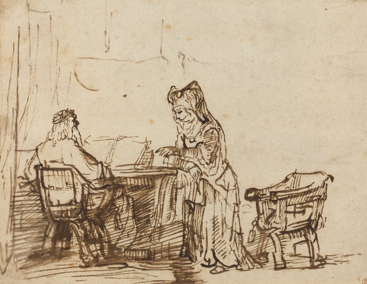 Hannah wijst de verwijten van de profeet Eli af door after Rembrandt van Rijn