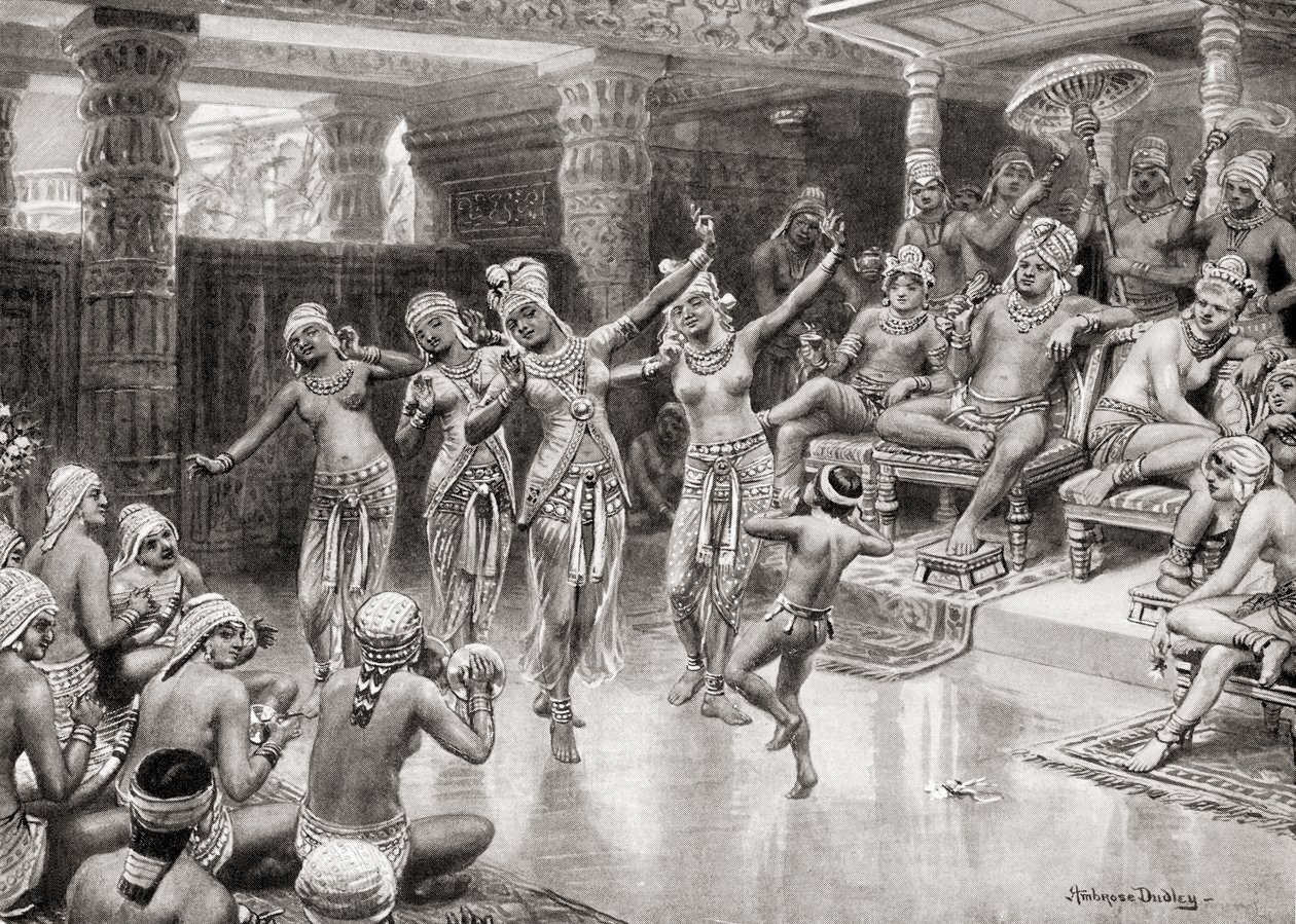 Een 19e-eeuwse kunstenaarsimpressie van Gautamiputra Satakarani die zijn overwinning op Nahapana viert, uit Hutchinsons Geschiedenis van de Naties, pub.1915 door after Robert Dudley