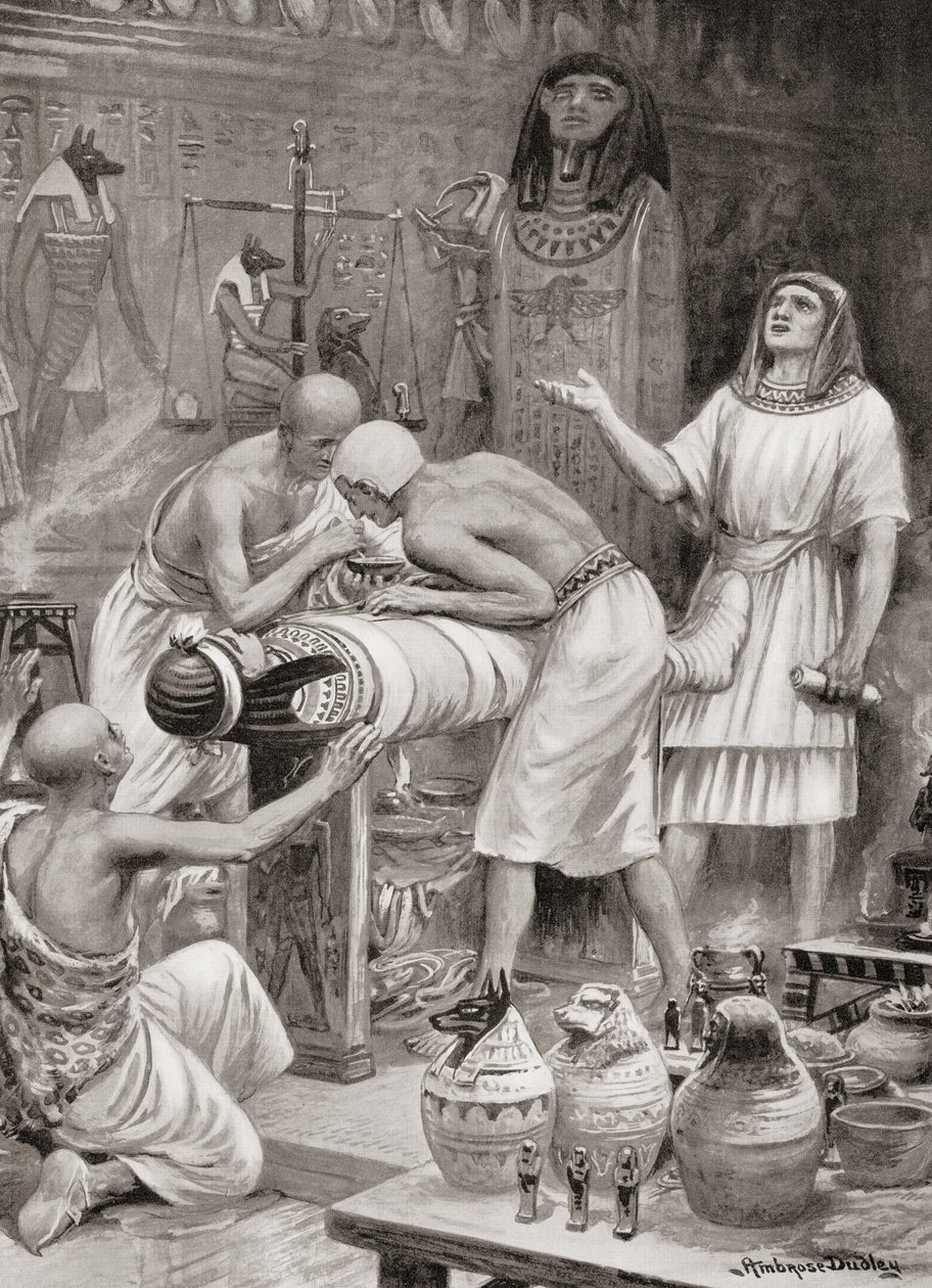 Het balsemen van een lichaam in het oude Egypte, uit Hutchinsons Geschiedenis van de Naties, pub.1915 door after Robert Dudley