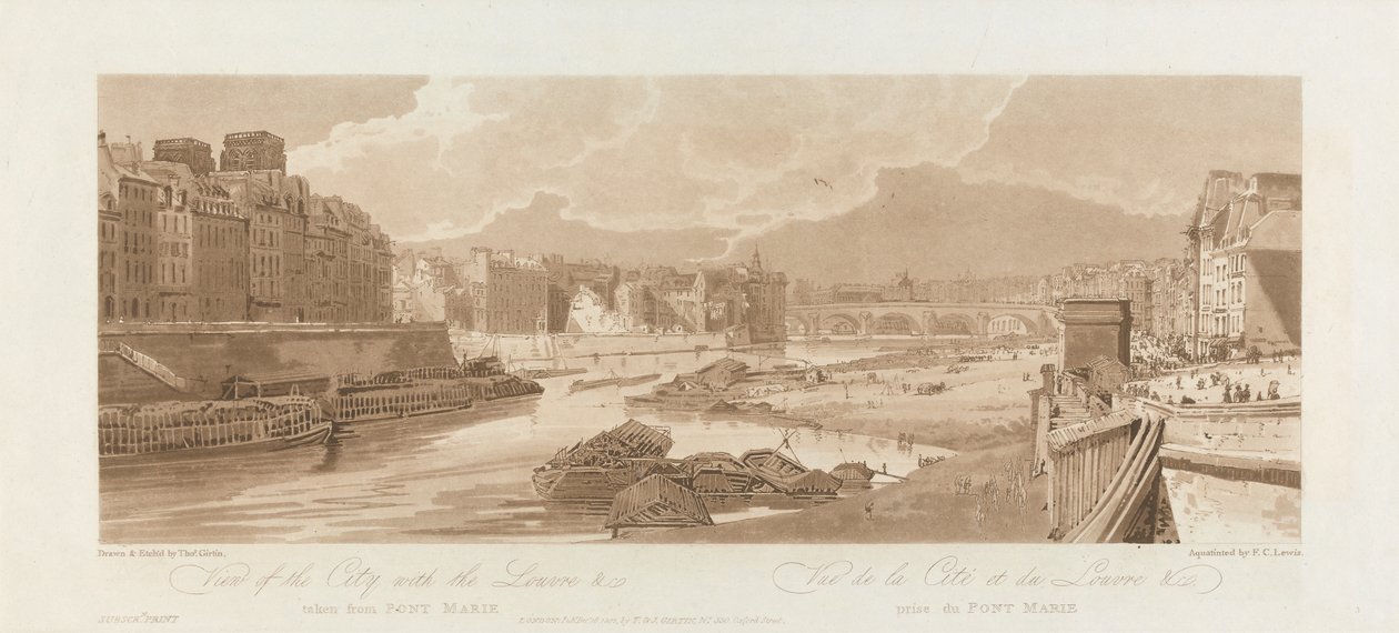 Uitzicht op de stad met het Louvre. 1802; Plaat 3 uit Uitzichten in Parijs, het Emanuel volume door after Thomas Girtin