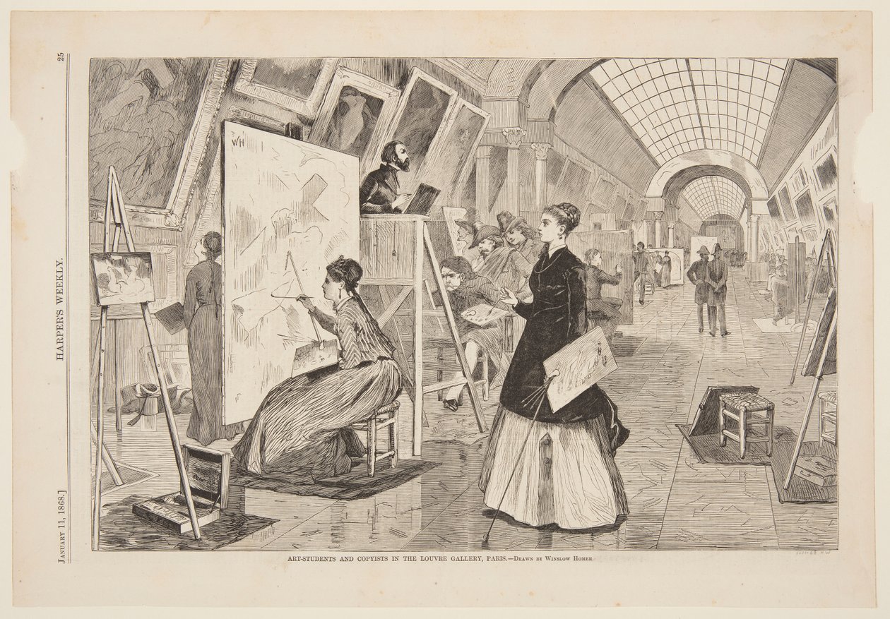 "Kunst - Studenten en Kopieerders in de Louvre Galerij, Parijs" door after Winslow Homer