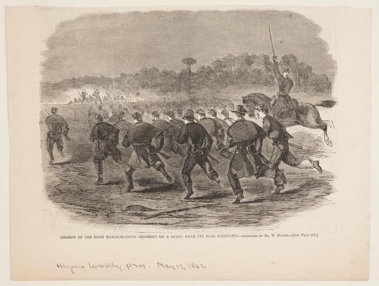 Aanval van het Eerste Massachusetts Regiment op een Rebel Rifle Pit bij Yorktown door Winslow Homer