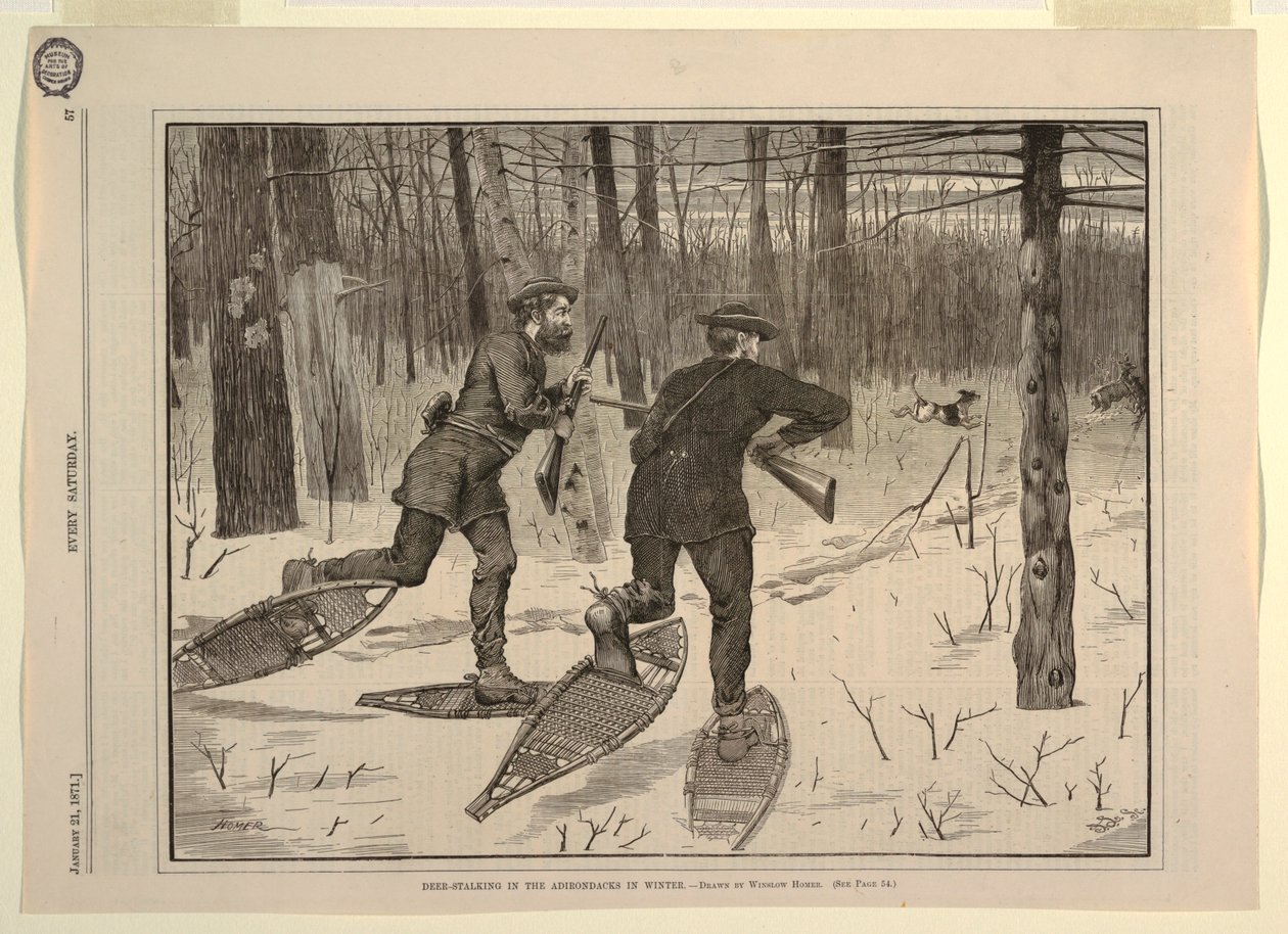 Hertenjacht in de Adirondacks in de Winter, uit Every Saturday, 21 januari 1871, p. 57 door Winslow Homer