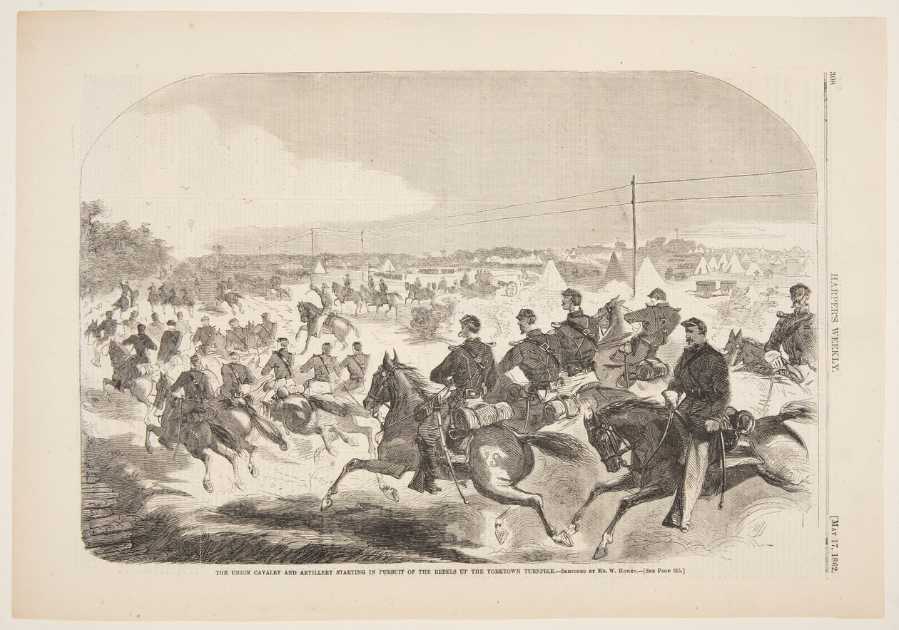 De cavalerie en artillerie van de Unie beginnen de achtervolging van de rebellen op de Yorktown Turnpike door Winslow Homer