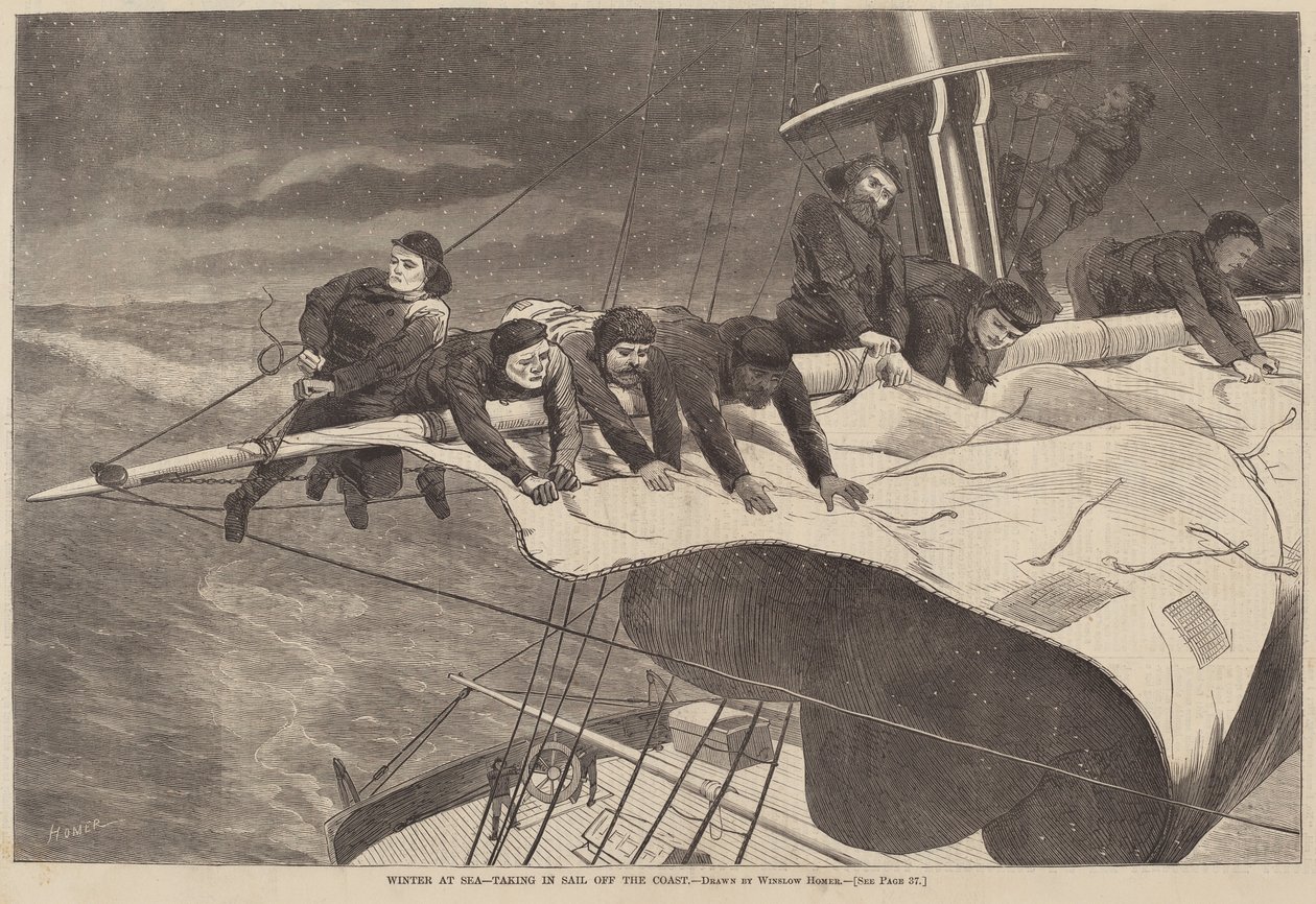 Winter op Zee - Zeilen Inhalen bij de Kust door after Winslow Homer