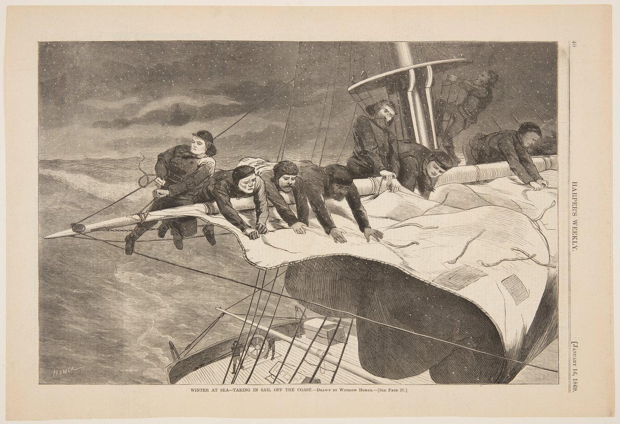 Winter op zee – zeil inhalen voor de kust door after Winslow Homer