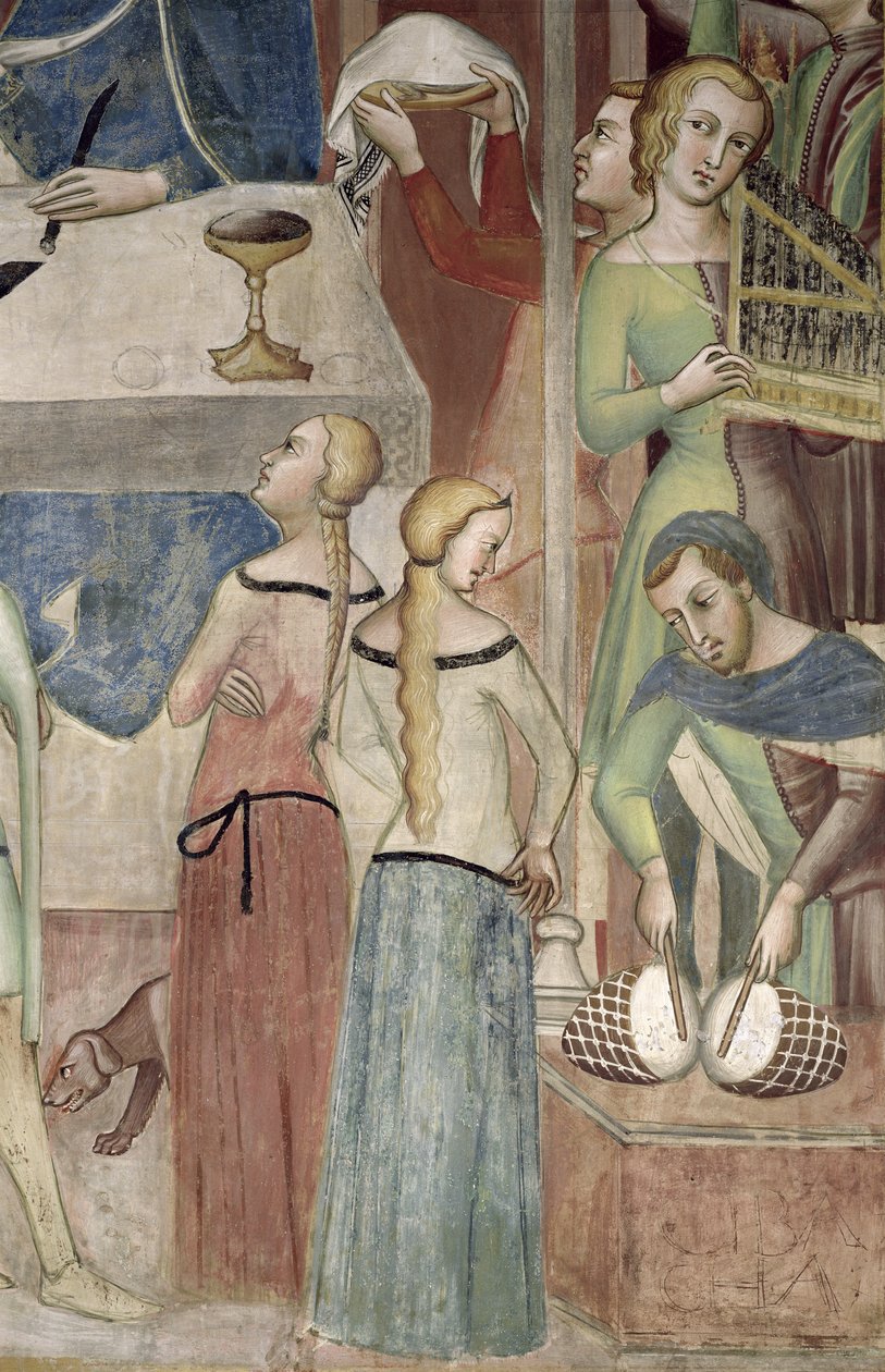 Satan Vraagt God om Job te Verleiden, detail van muzikanten, 1356-67 door also Manfredi de Battilori Bartolo di Fredi