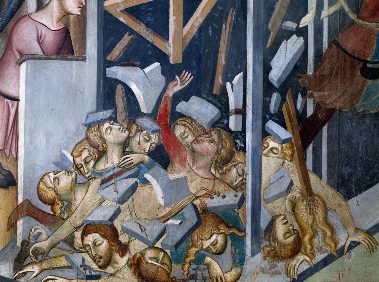 Val van het huis van Job, scène uit de Verhalen van het Oude Testament door also Manfredi de Battilori Bartolo di Fredi