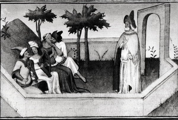 Ms Fr 2810 Hoe de oude man uit de bergen de volgelingen ontving in de tuin, uit het Livre des Merveilles du Monde, c.1410-12 door and workshop Boucicaut Master