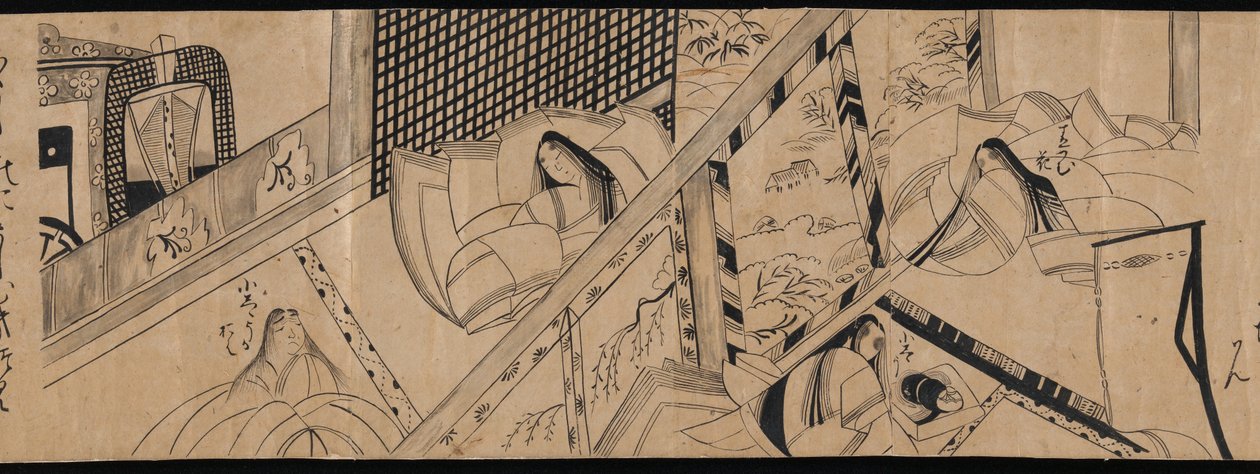 Hoofdstukken "Akashi", "Channel Buoys" ("Miotsukushi"), "The Wormwood Patch" ("Yomogiu"), "Gatehouse" ("Sekiya") en "Picture Contest" ("E-awase") uit het verhaal van Genji (Genji monogatari). door anonymous 