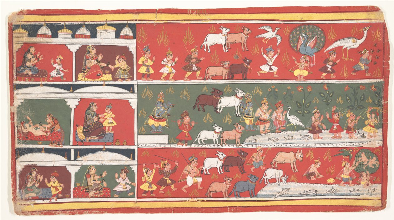 Bakasura, de kraanvogeldemon, arriveert in Brindavan: Pagina uit een verspreide Bhagavata Purana (Oude verhalen van Heer Vishnu) door anonymous 