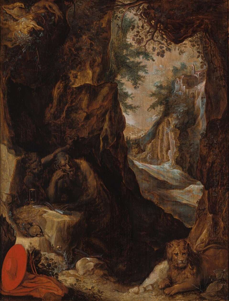 Dutch: De H. Hiëronymus in een grot Saint Jerome in a Landscape with a Cave door anonymous 